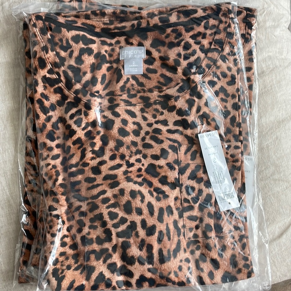 Chico’s Size 2 (L/12) Animal- Print Cotton Blend Slub Pocket Tee